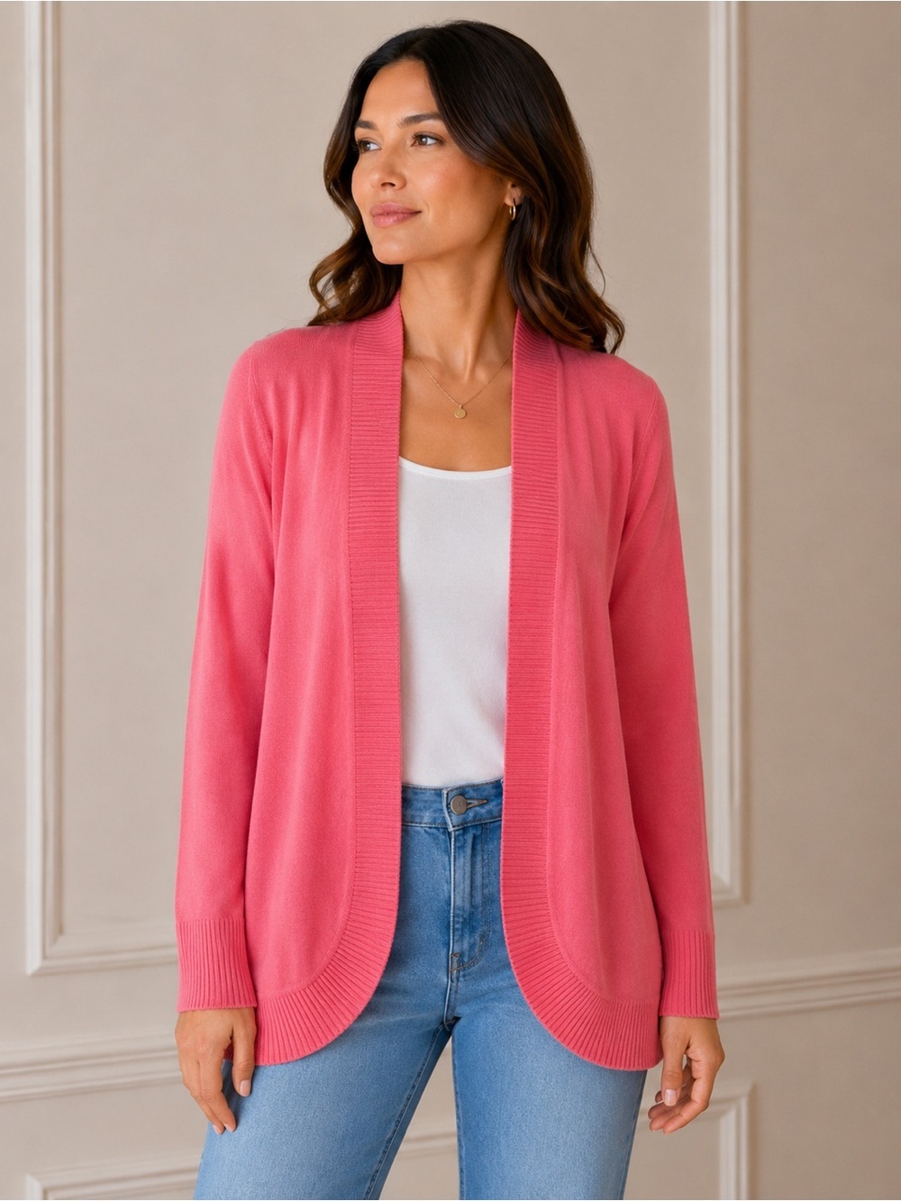 University Club Women’s Coral Open Front Cardigan. Size Large